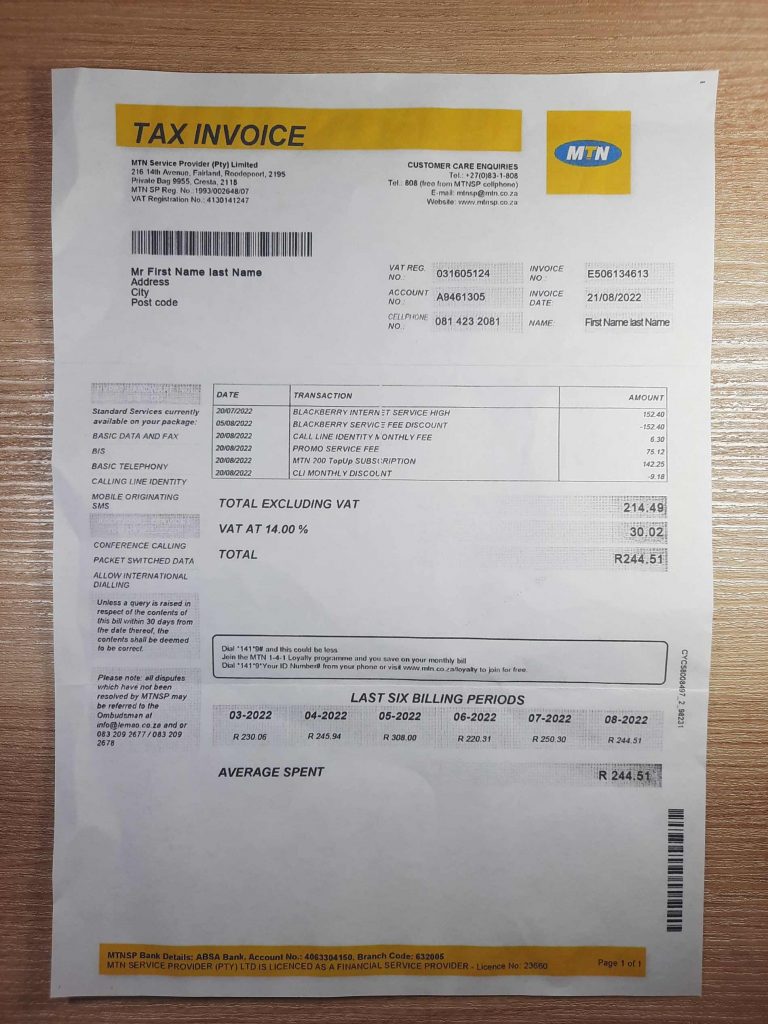 South Africa Tax invoice fake utility bill template