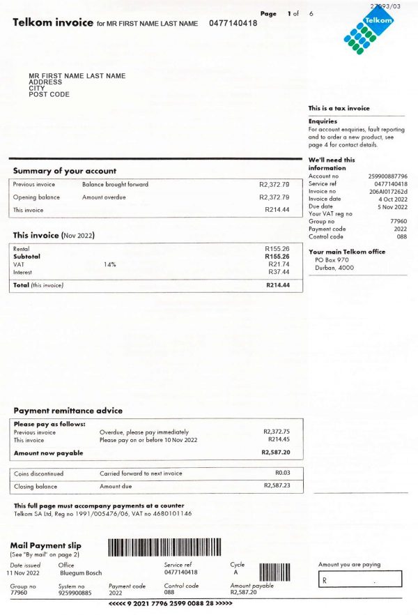 South Africa utility bill template
