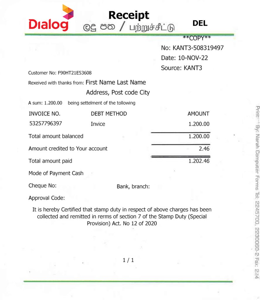 Sri Lanka Dialog fake utility bill template