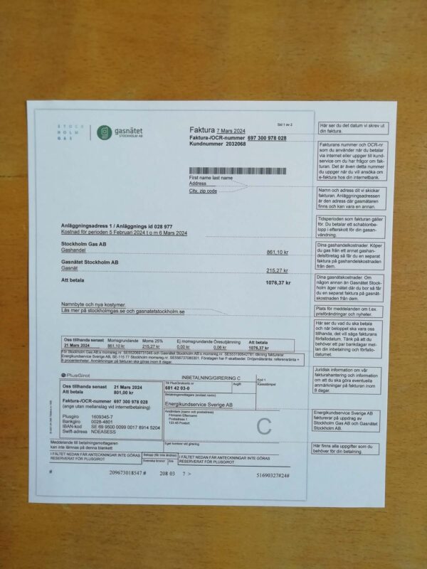 Sweden Gas Gasnatet fake utility bill template sample