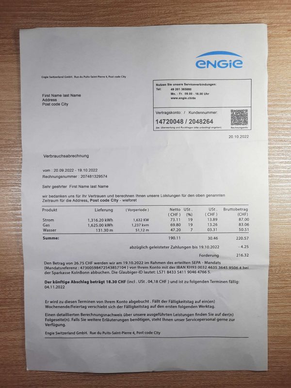 Swezerland Engie Electricity fake utility bill template sample