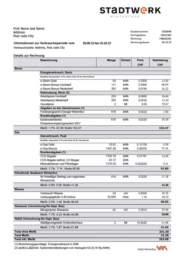 Switzerland utility bill template