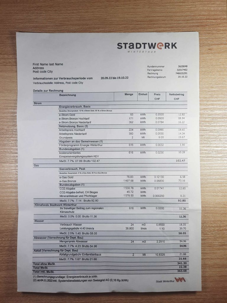 Switzerland Water STADTWERK fake utility bill template sample