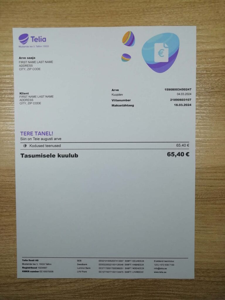 Telia Estonia fake utility bill template Sample