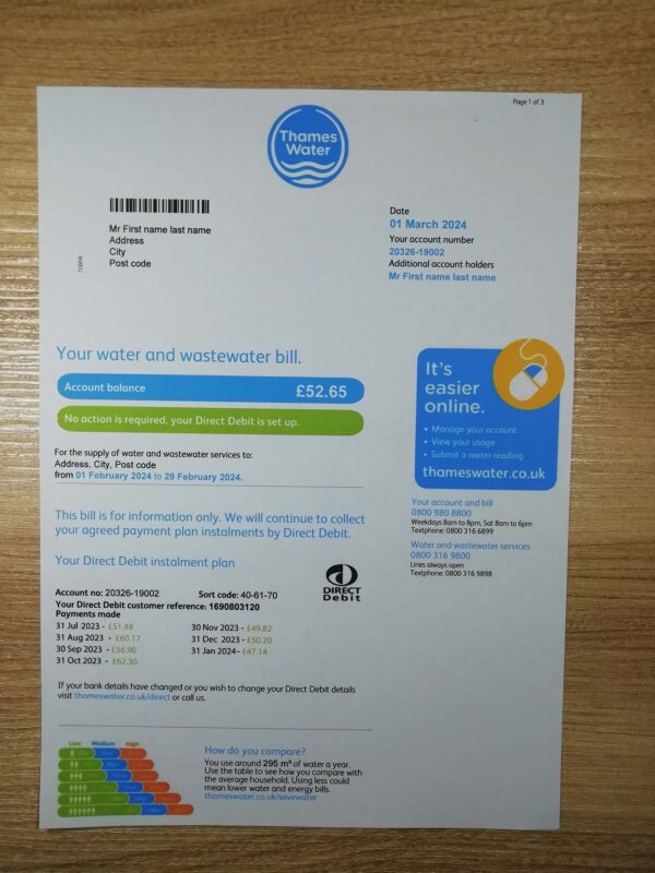 New Water Utility Thames Water UK fake utility bill template sample