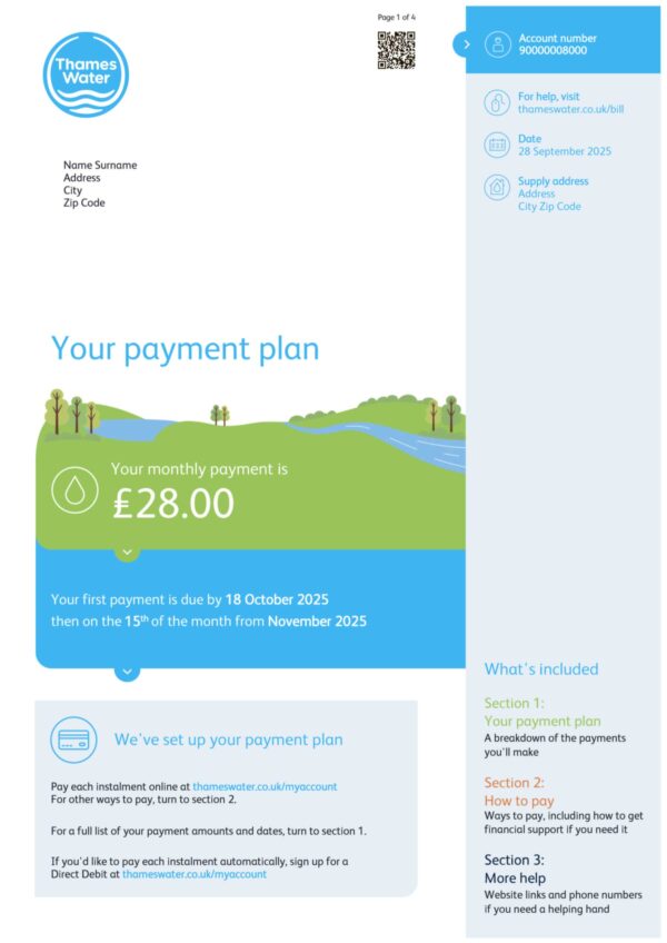 Clean layout of Thames water bill – editable UK version
