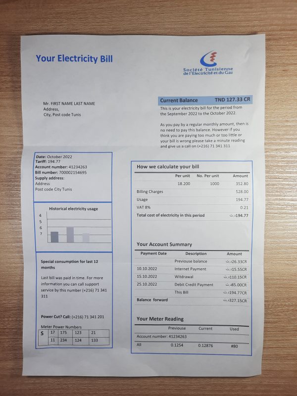 Tunisia electricity fake utility bill template sample