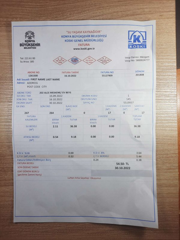 Turkey water bill fake utility bill template sample