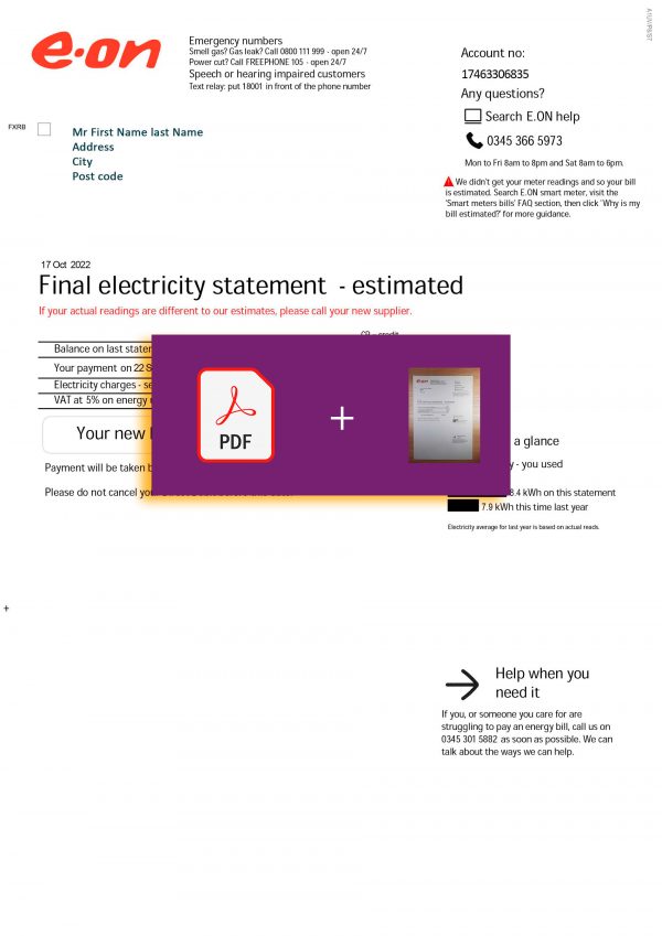 UK EON Electricity Fake utility bill
