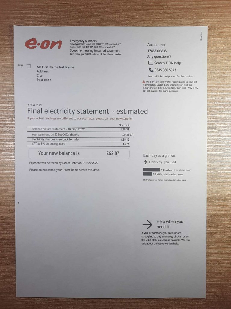 UK EON Electricity fake utility bill template sample