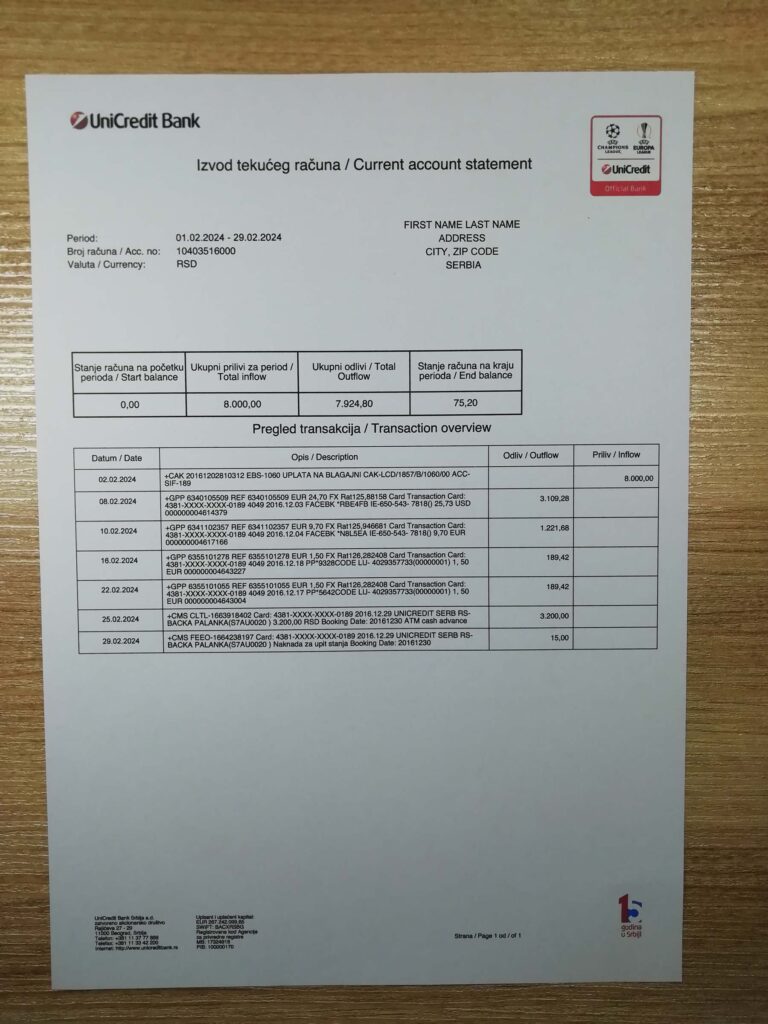 Serbia bank statement Unicreditbank fake utility bill template sample