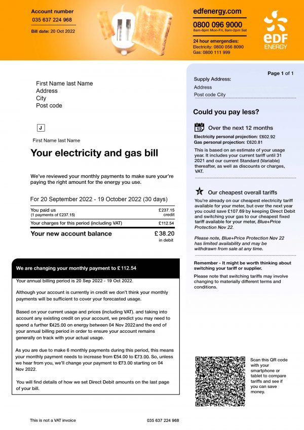 United Kingdom EDF utility bill template
