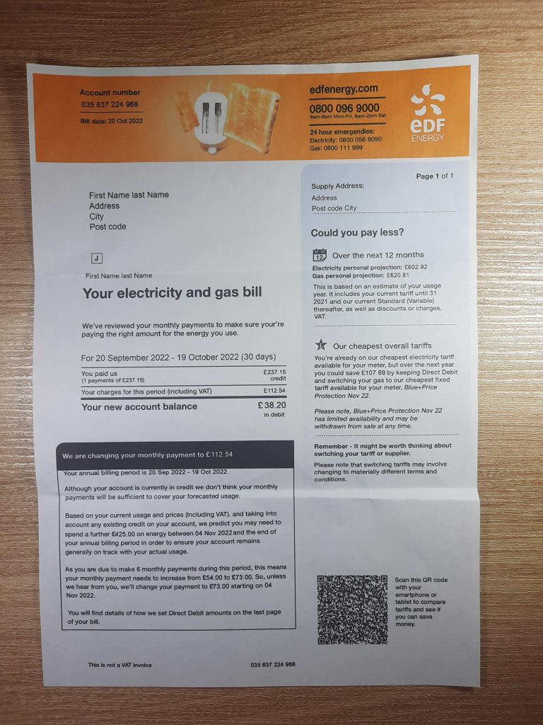 United Kingdom EDF Electricity fake utility bill template sample