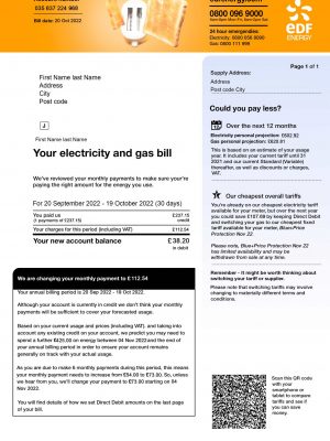 United Kingdom EDF utility bill template