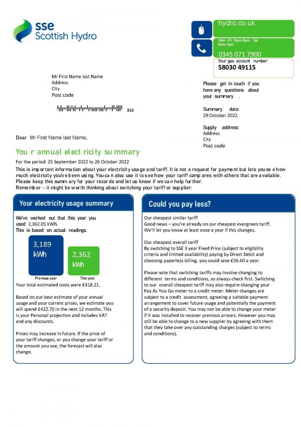 United Kingdom SSE utility bill template