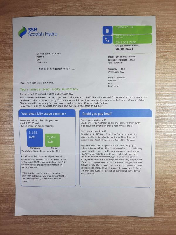 United Kingdom SSE Energy fake utility bill template sample