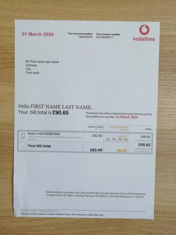 New Phone Utility Bill Vodafone UK fake utility bill template sample