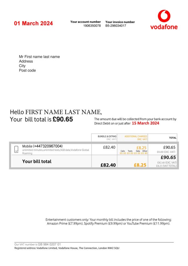 Vodafone UK fake utility bill for proof of address