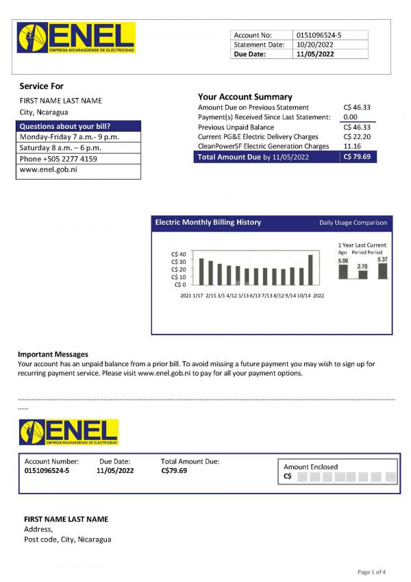 nicaragua fake utility bill for proof of address