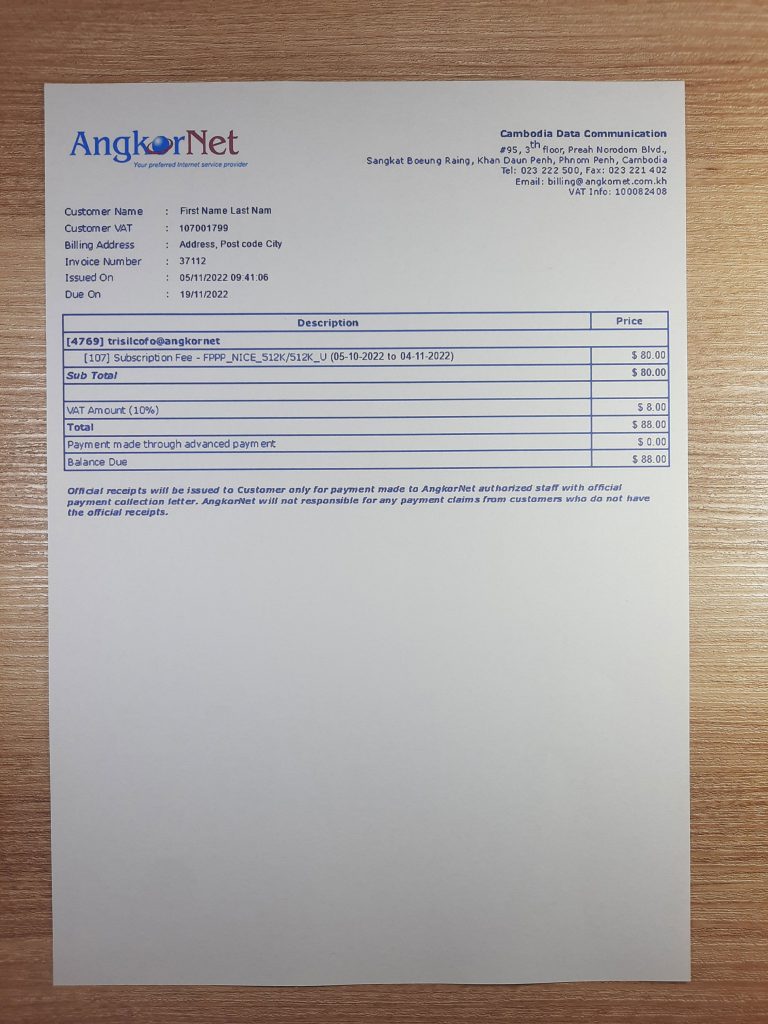 Cambodia Angkornet fake utility bill template sample