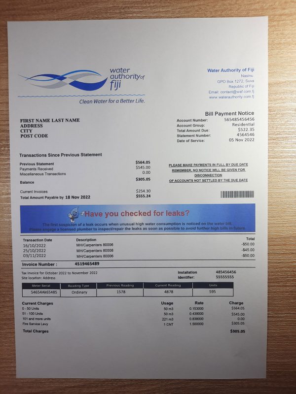 Fiji Water fake utility bill template sample