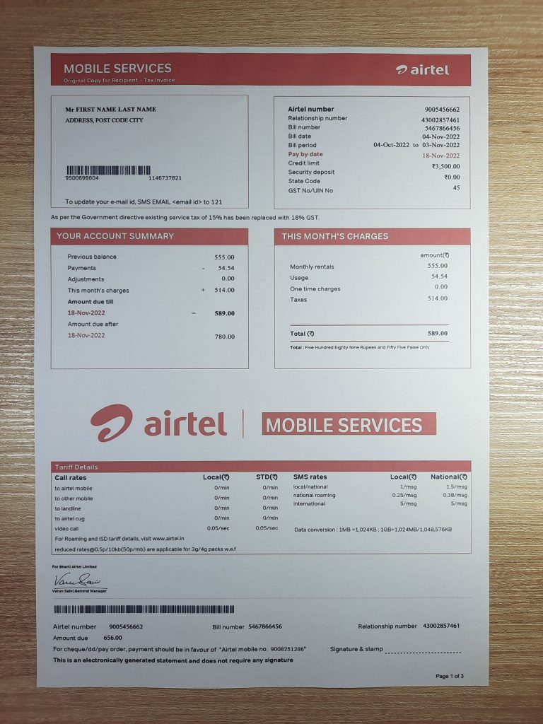 India Airtel fake utility bill template sample