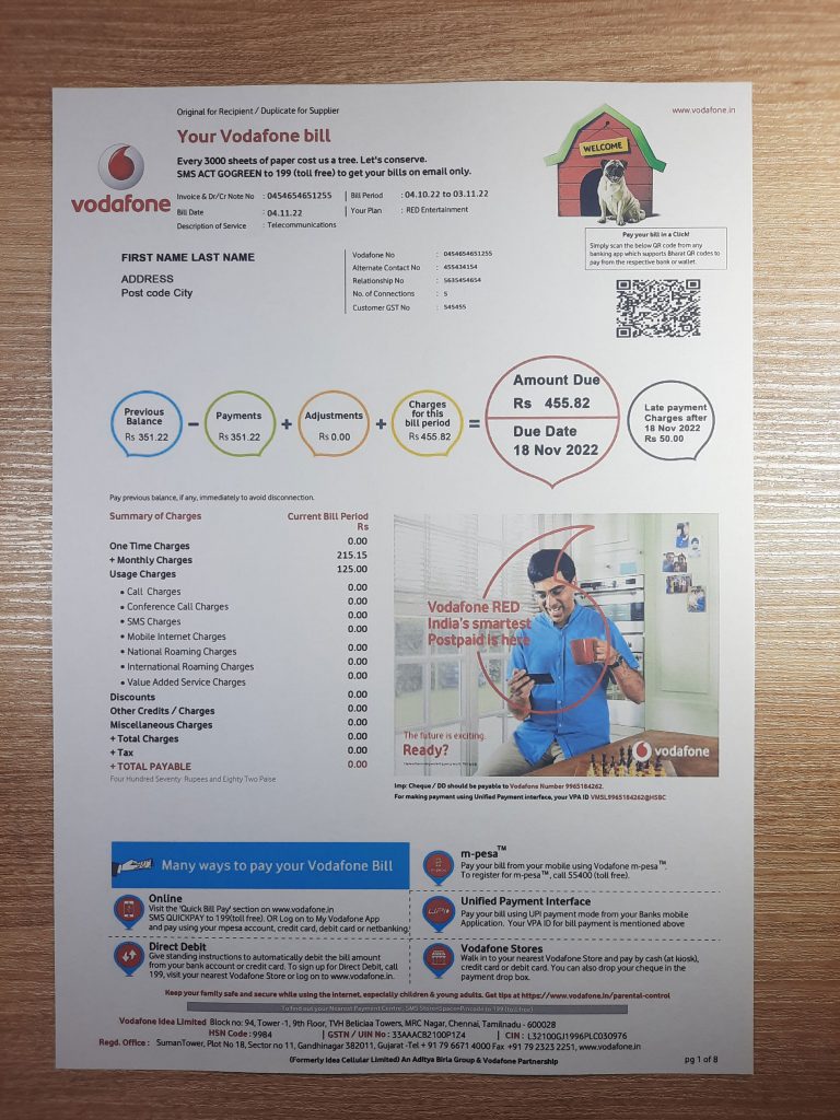 India Vodafon fake utility bill template sample