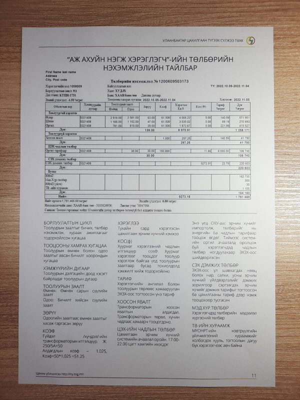 Mongolia fake utility bill template sample