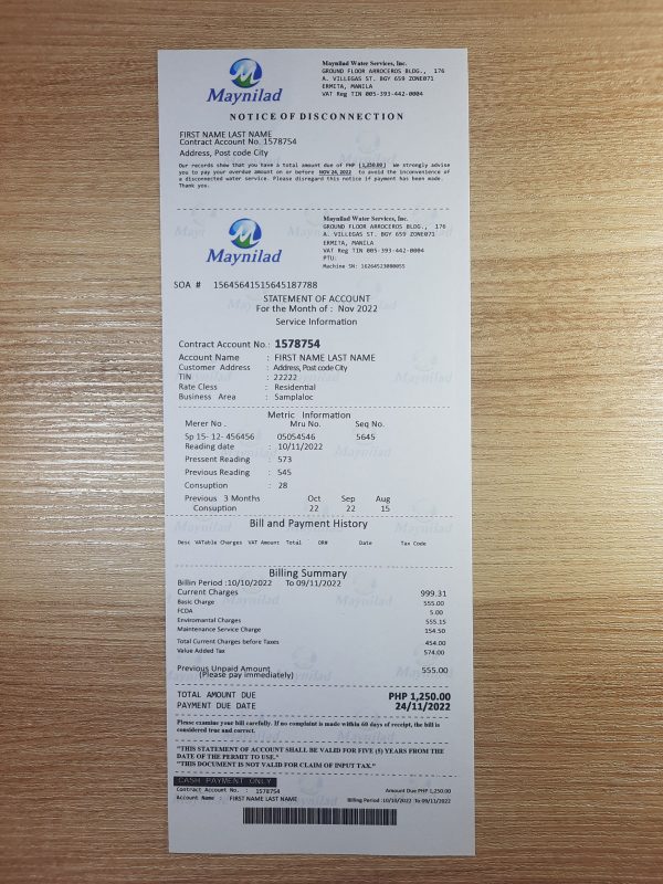 Philippines mayniland fake utility bill template sample