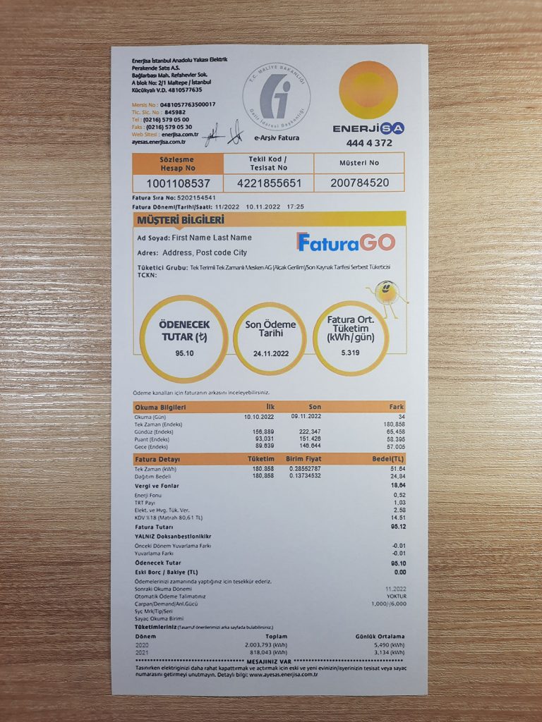 Turkey Enerji fake utility bill template sample