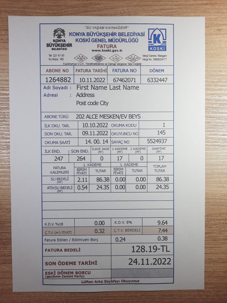 Turkey Konya fake utility bill template sample