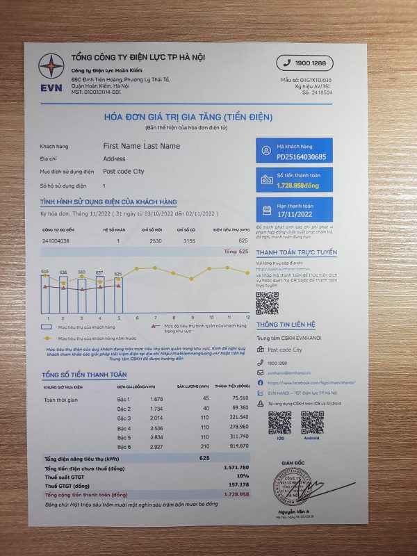 Vietnam EVN fake utility bill template sample