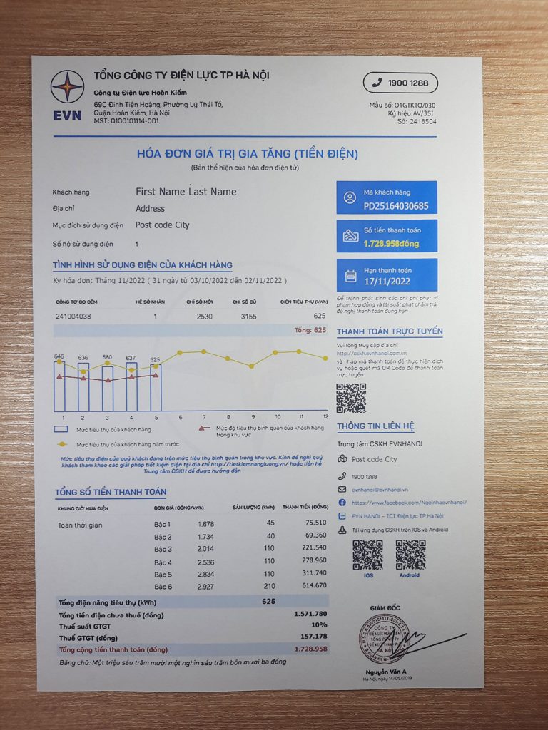 Vietnam EVN fake utility bill template sample