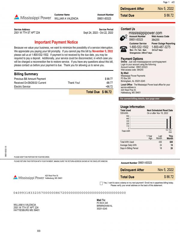 mississippi utility bill template