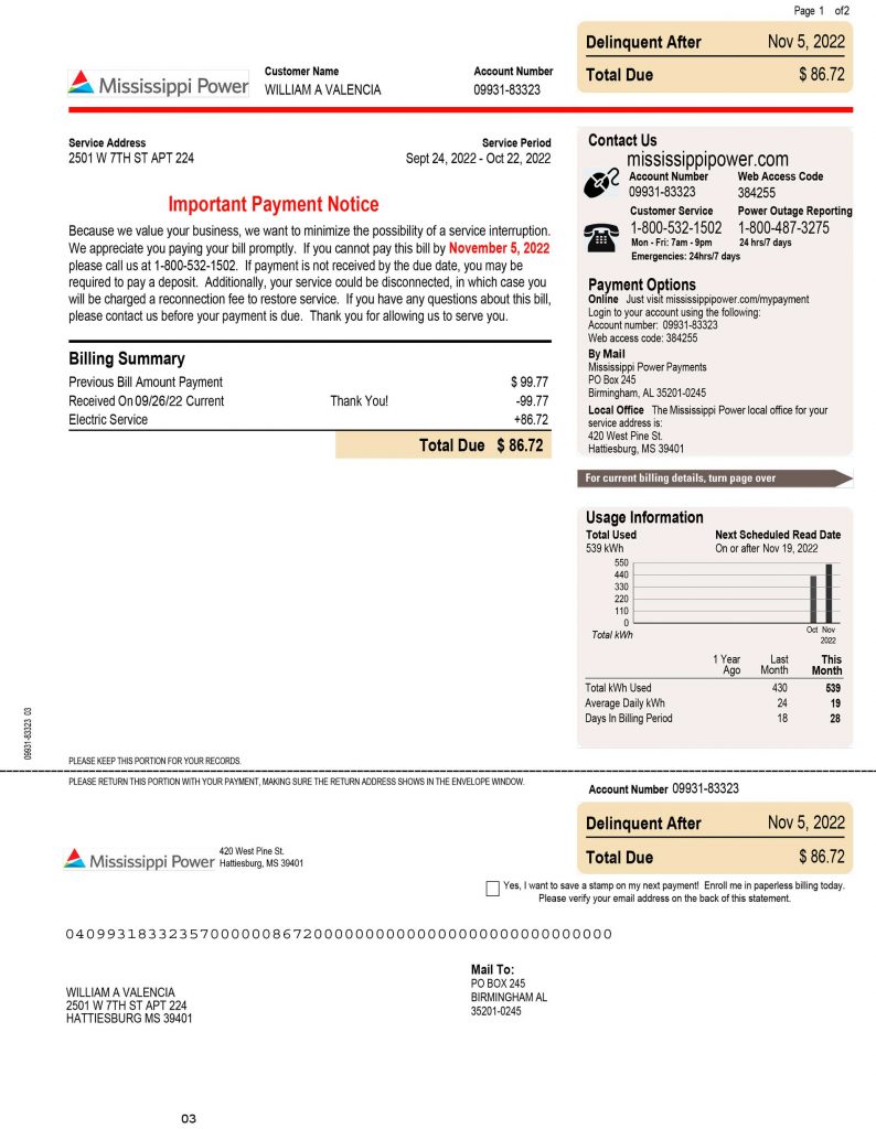 Mississippi Fake utility bill template