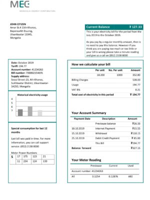 Mongolia utility bill for proof of address
