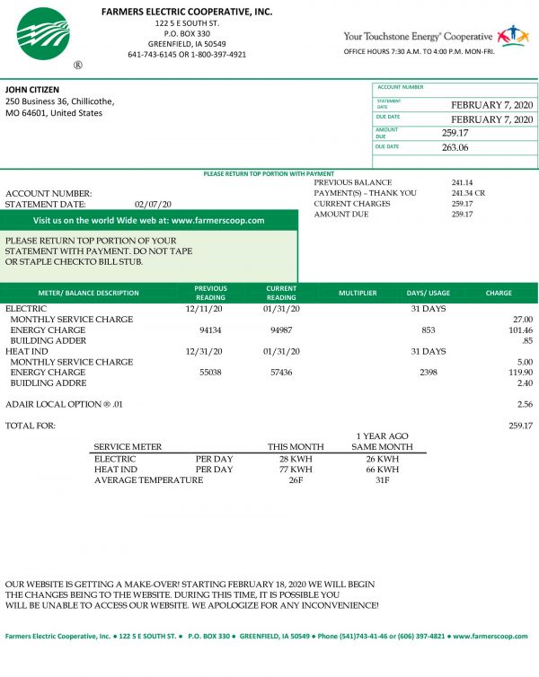 Farmers Electric Cooperative utility bill