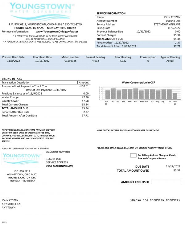 Ohio Youngstown Water Department utility bill