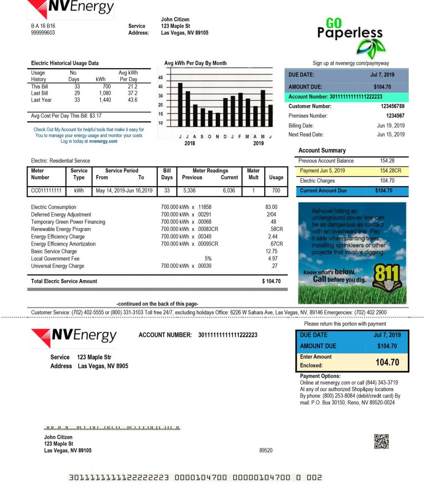 Nevada Fake utility bill template