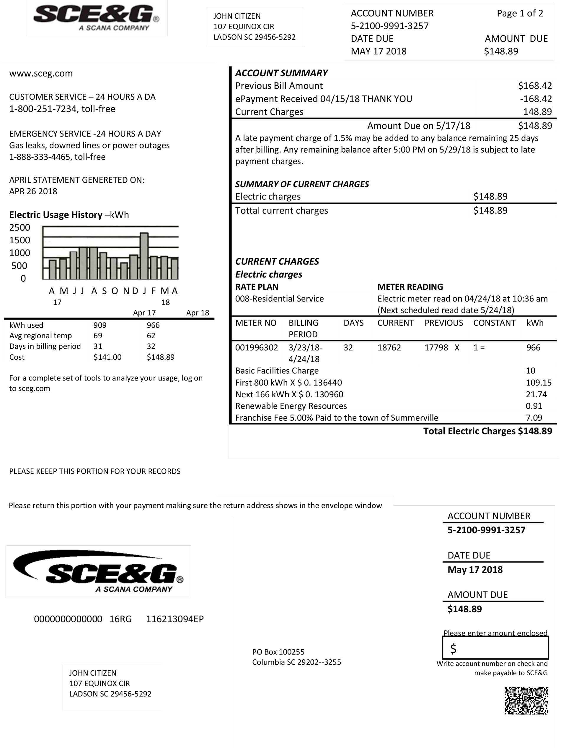 South Carolina Fake utility bill template