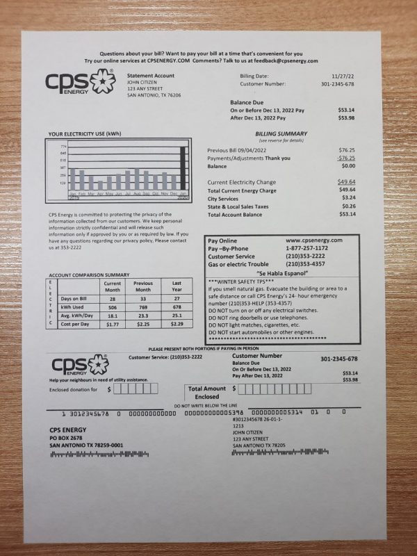 CPS ENERGY fake utility bill template