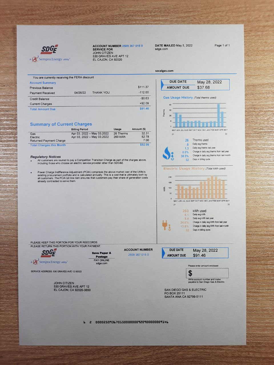 California Fake utility bill template