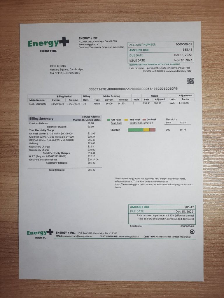 Canada Energy Plus electricity utility bill template example