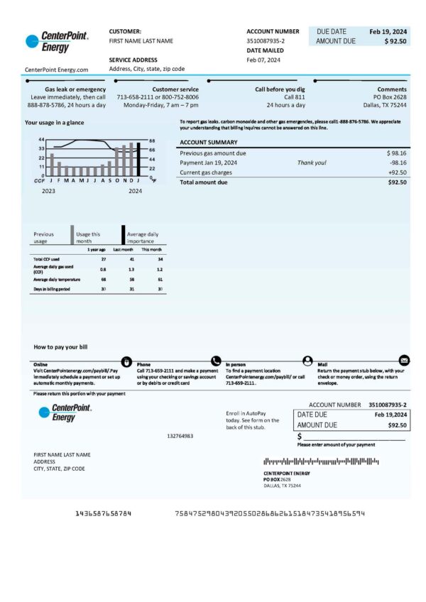 Center Point utility bill template