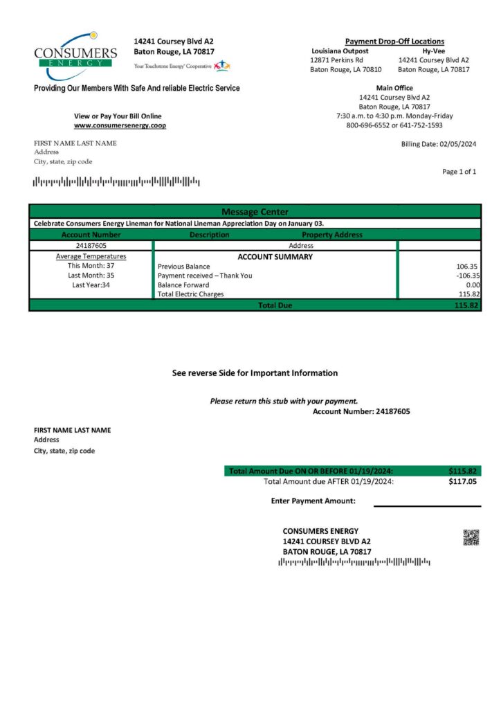 Louisiana Fake utility bill template