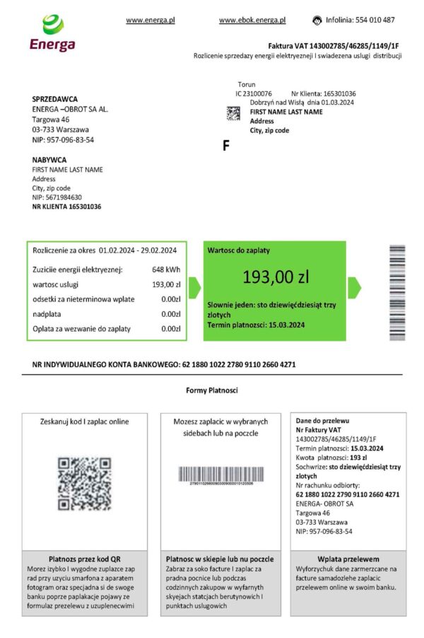 Editable {utility type} bill template – Poland Energa sample in PDF