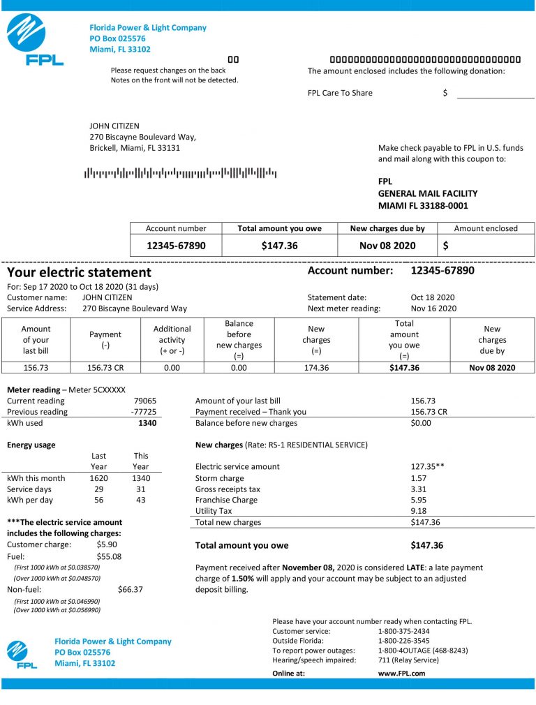 Florida Fake utility bill template