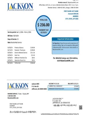 Georgia JACKSON EMC {Provider} utility bill from {State} – customizable PDF for address proof