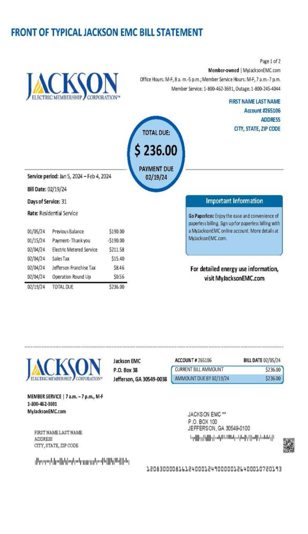 Georgia JACKSON EMC {Provider} utility bill from {State} – customizable PDF for address proof
