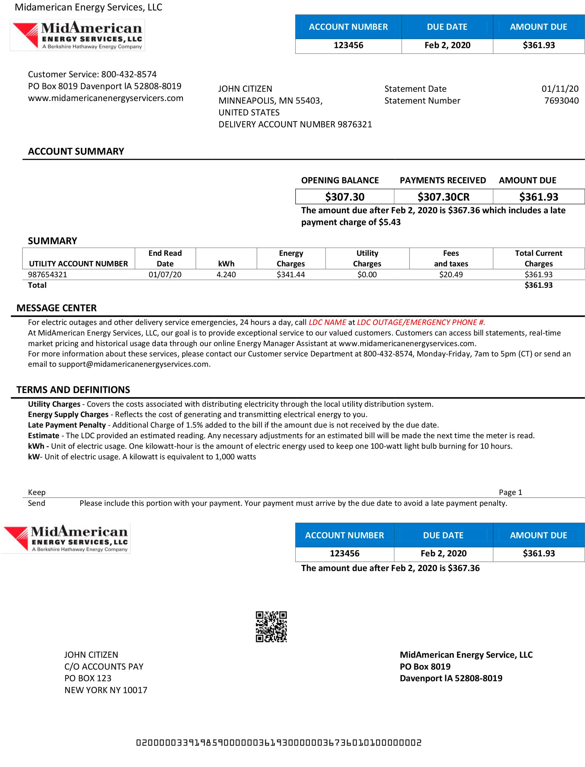 Iowa Fake utility bill template